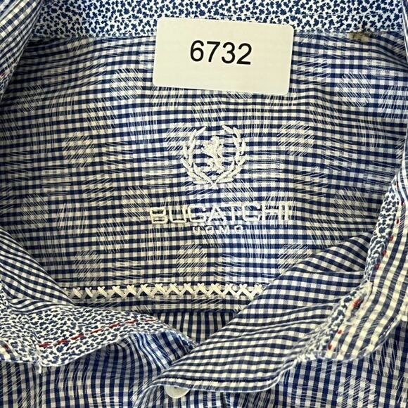 Bugatchi Uomo Shirt Men's L Blue Check Button Up Collared Long Sleeve Shaped Fit - Picture 7 of 9